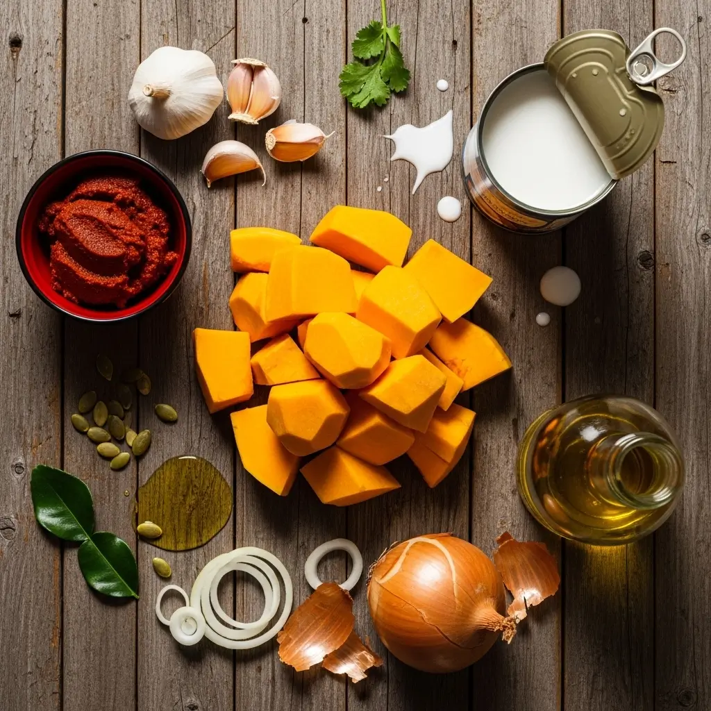 Thai Coconut Pumpkin Soup ingredients on rustic kitchen table