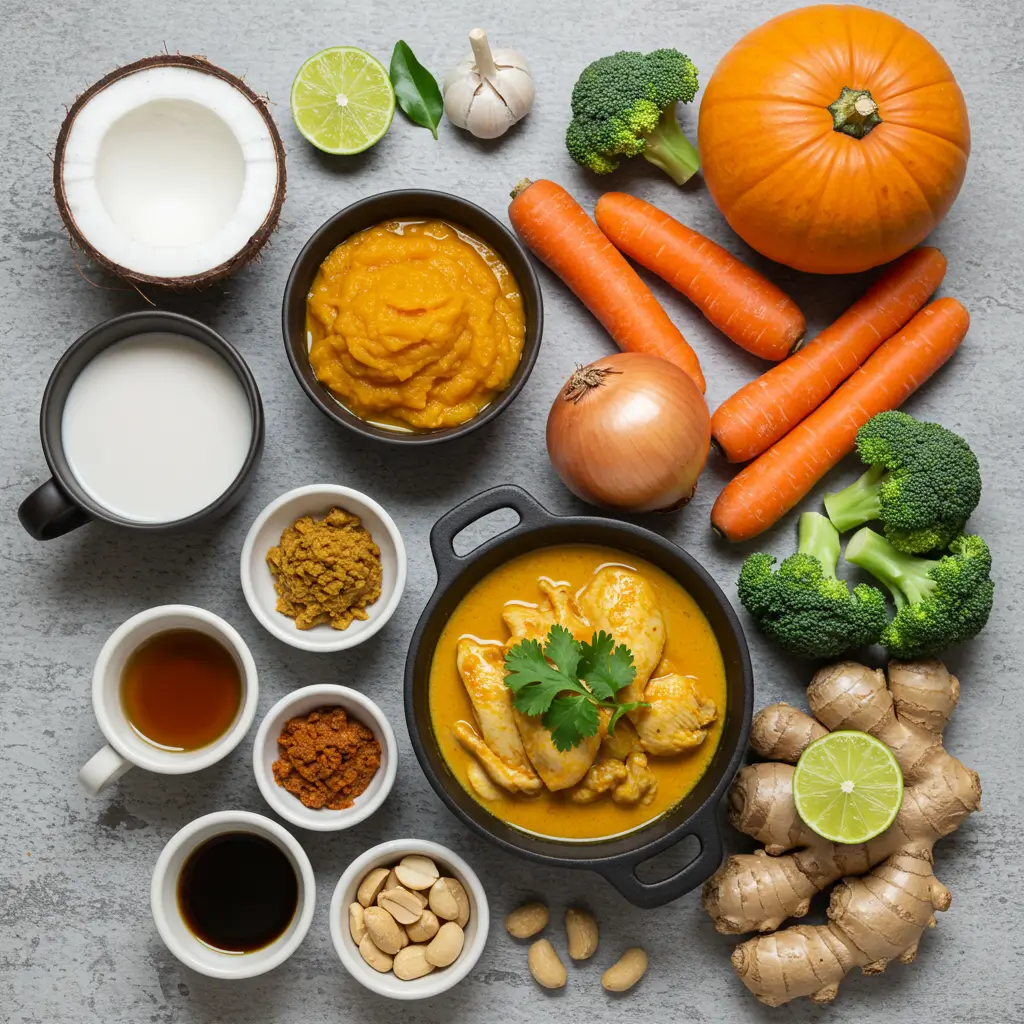 Thai Pumpkin Curry ingredients on kitchen counter