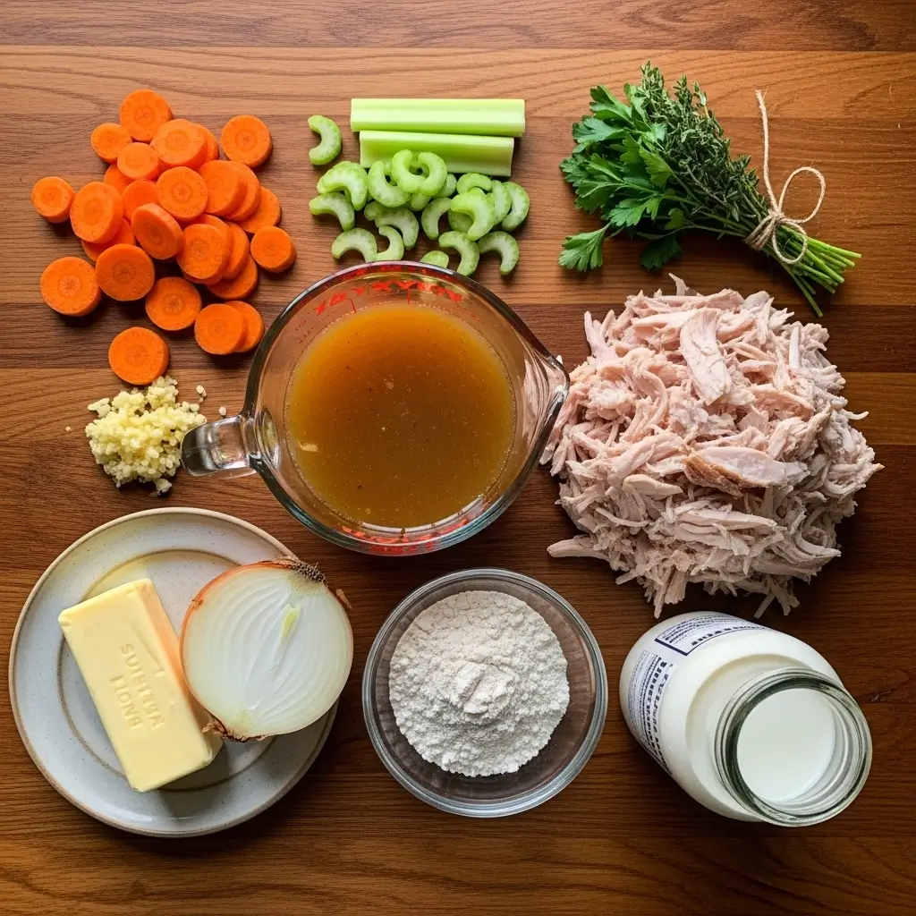 ingredients for next day turkey vegetable soup laid out on wooden table