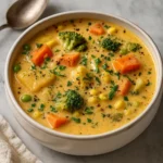 Veggie Pot Pie Soup in rustic bowl with fresh vegetables