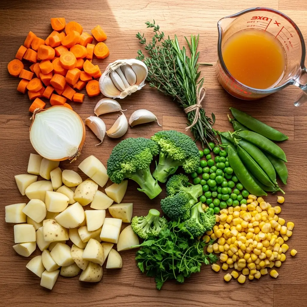Veggie Pot Pie Soup ingredients on kitchen counter