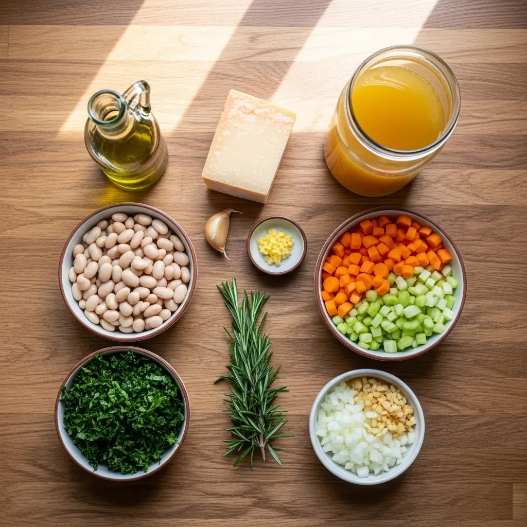 white bean and kale soup ingredients on wooden table