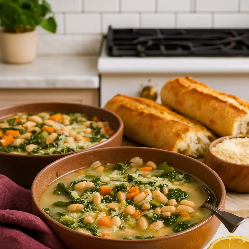 white bean and kale soup served with parmesan