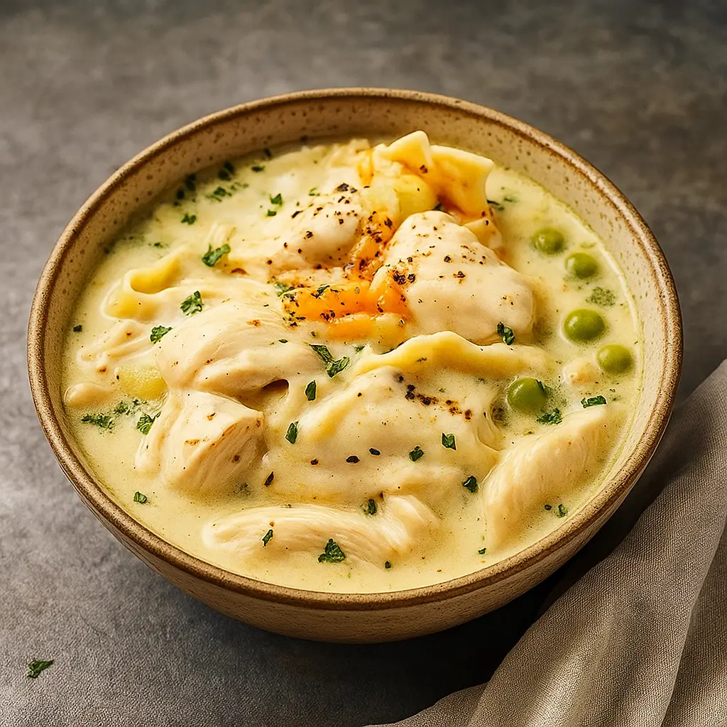 White Chicken Lasagna Soup in a bowl with melted cheese