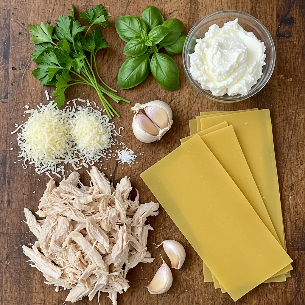 Ingredients for White Chicken Lasagna Soup on a counter